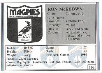 1992 AFL Regina #136 Ron McKeown Back